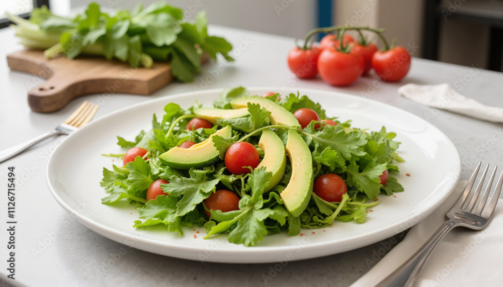 Fresh avocado and cherry tomato salad on white plate Fresh avocado and cherry tomato salad on white plate