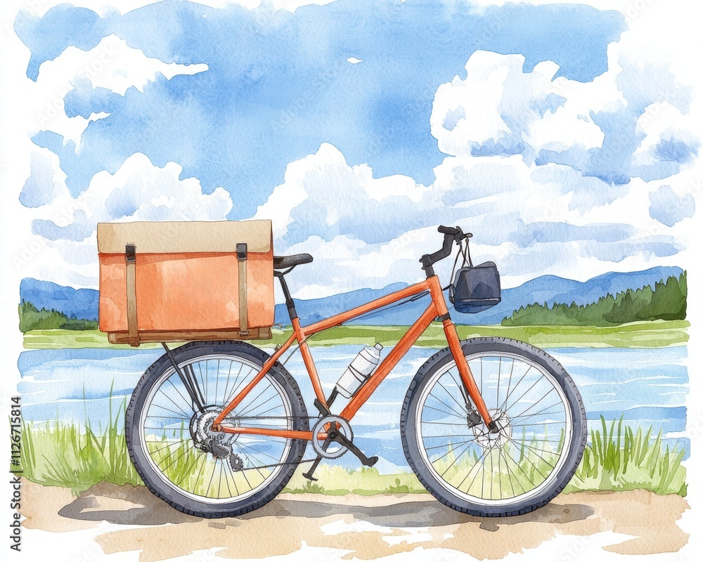 Fototapeta premium A vibrant orange bicycle with a crate by a serene lake under a blue sky. busy and delivering theme watercolor style.