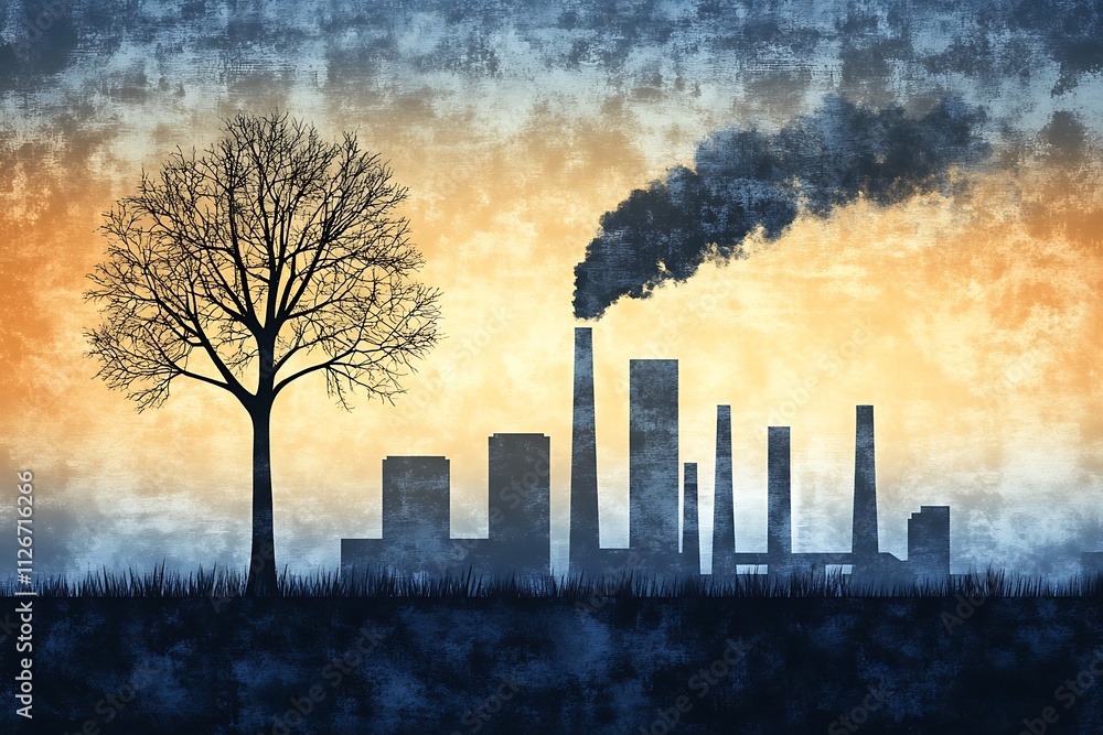Tree in a Ruined Industrial Landscape with Factory Tree in a Ruined Industrial Landscape with Factory