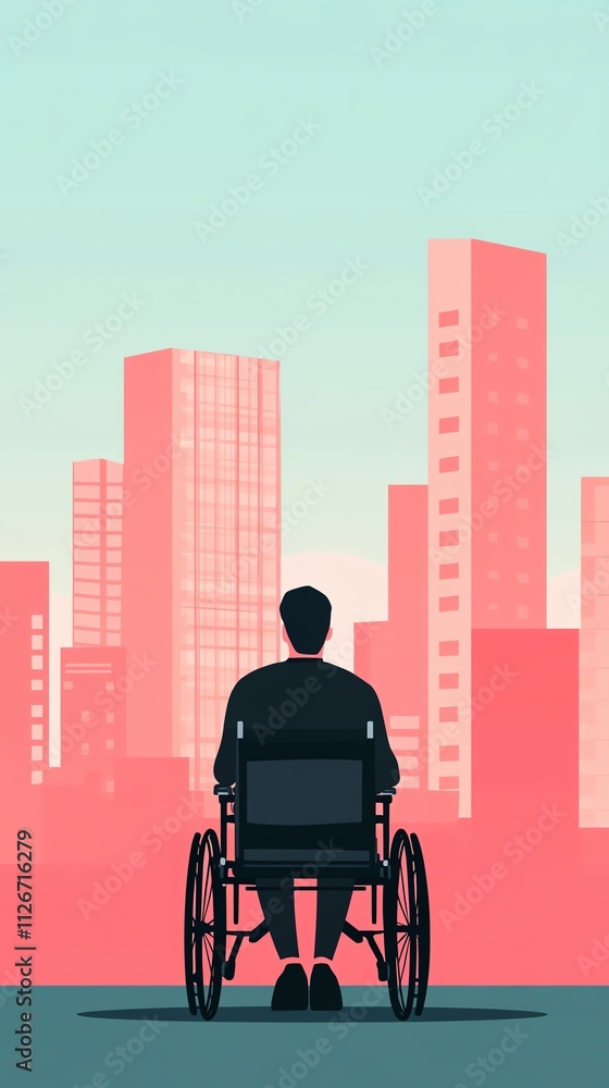 Man in wheelchair facing city skyline. Man in wheelchair facing city skyline.