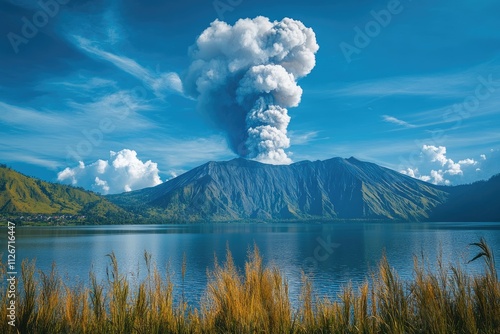 Mount agung volcano erupting over lake batur, bali, indonesia photo