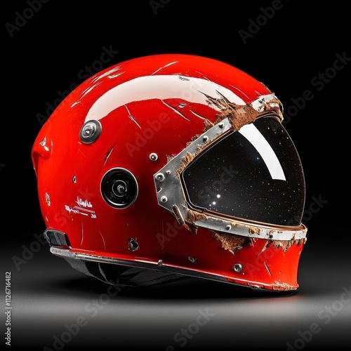 Retro Red Helmet Space-Inspired Design with Scratches photo