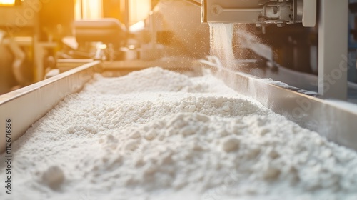The texture of a powdery substance is highlighted in this close-up shot, as it pours into a container. 