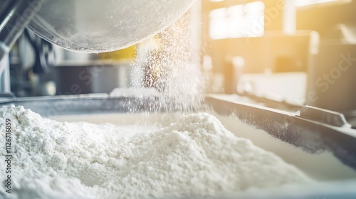 In a scene reminiscent of industrial production, a stream of milk powder pours into a rectangular metal container, creating a small mound.