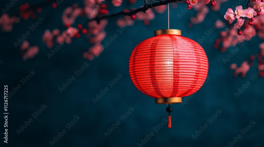 Fototapeta premium Red Lantern Hanging Amidst Blooming Plum Blossoms