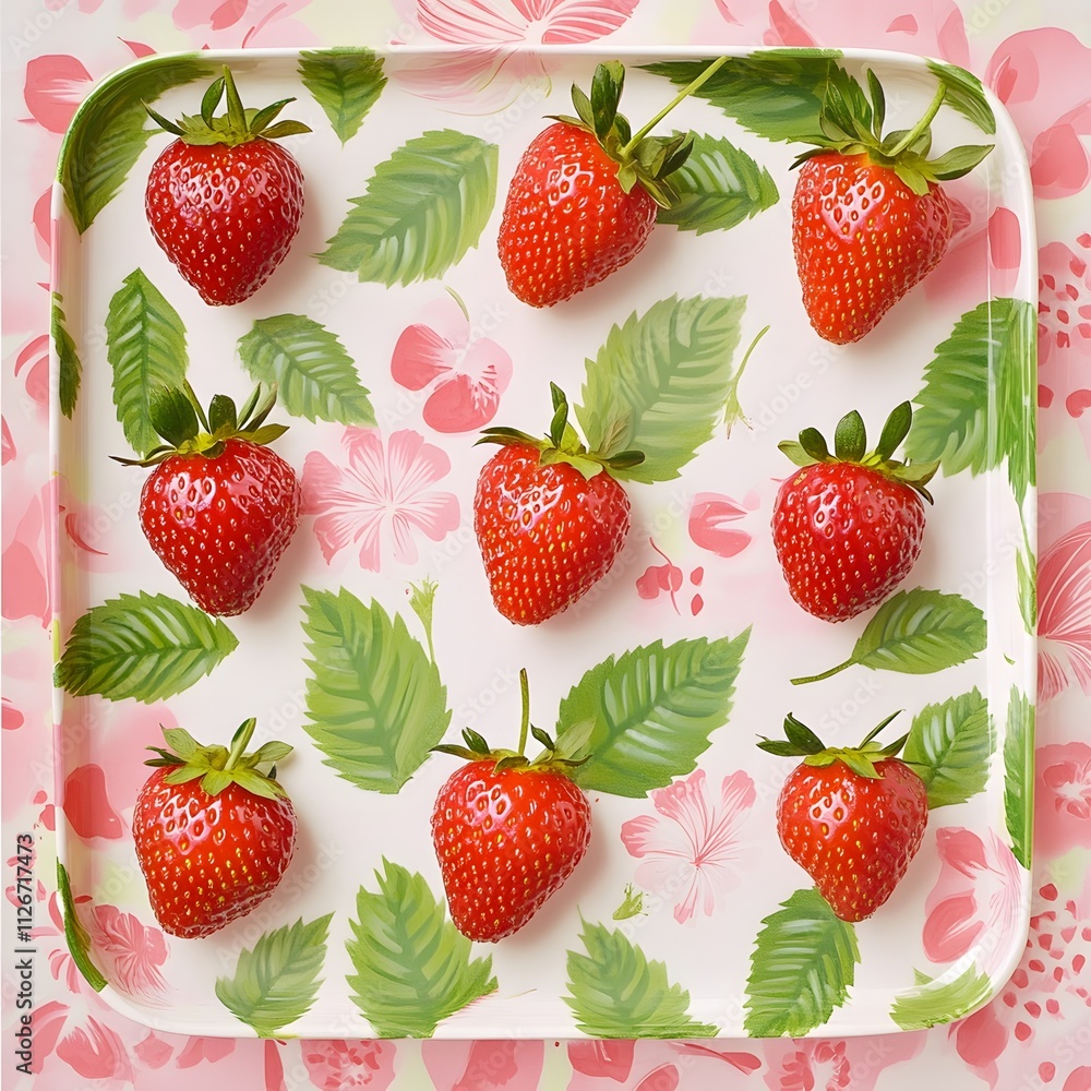 This vibrant image showcases a collection of ripe, red strawberries artfully arranged on a decorative tray. This vibrant image showcases a collection of ripe, red strawberries artfully arranged on a decorative tray.