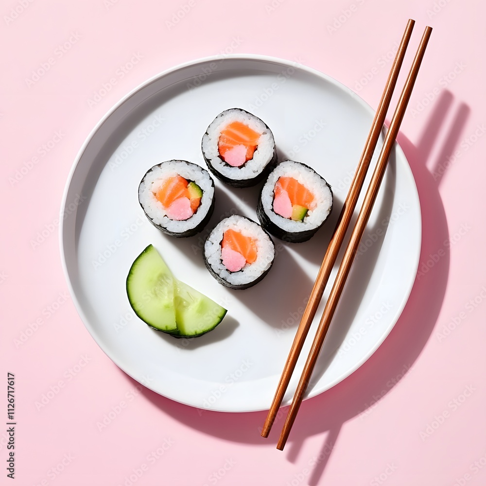 A vibrant and inviting image of simple sushi. The pink backdrop accentuates the fresh salmon and green avocado peeking through the nori seaweed wrap of the maki. A vibrant and inviting image of simple sushi. The pink backdrop accentuates the fresh salmon and green avocado peeking through the nori seaweed wrap of the maki.