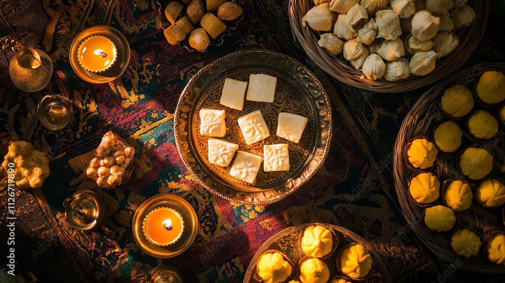 A colorful arrangement of traditional sweets and snacks illuminated by candlelight, creating a warm and inviting atmosphere. A colorful arrangement of traditional sweets and snacks illuminated by candlelight, creating a warm and inviting atmosphere.