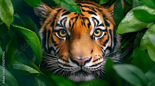 Majestic Tiger Staring Intently Through Lush Green Leaves