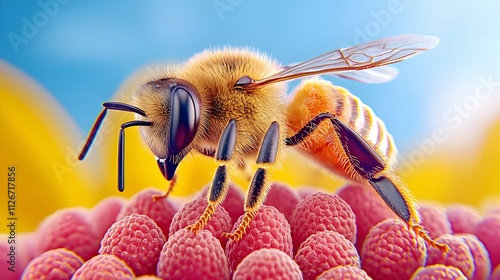 Close-Up of Honey Bee Pollinating Vibrant Flower in Nature