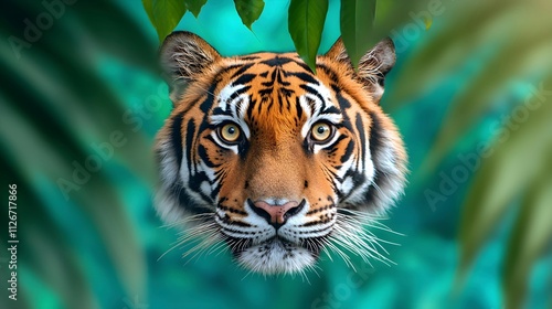 Majestic Tiger Staring Intently Through Lush Green Leaves