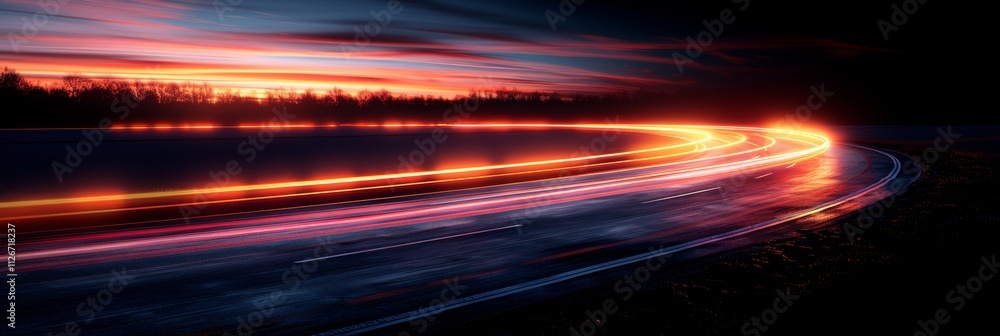 Spectacular Light Trails on Country Road, Under Dramatic Night Sky With Fiery Sunset Clouds Spectacular Light Trails on Country Road, Under Dramatic Night Sky With Fiery Sunset Clouds