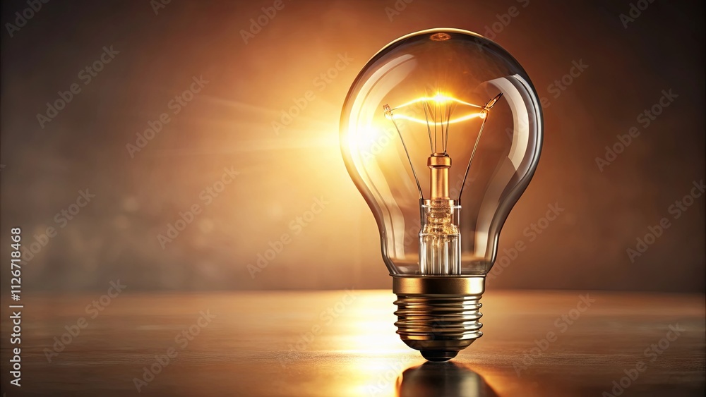 Illuminated Glass Light Bulb on a Tabletop, Representing New Ideas and Innovation Illuminated Glass Light Bulb on a Tabletop, Representing New Ideas and Innovation