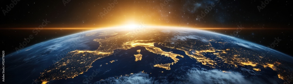 Earth at Sunrise from Space, Europe Illuminated Earth at Sunrise from Space, Europe Illuminated
