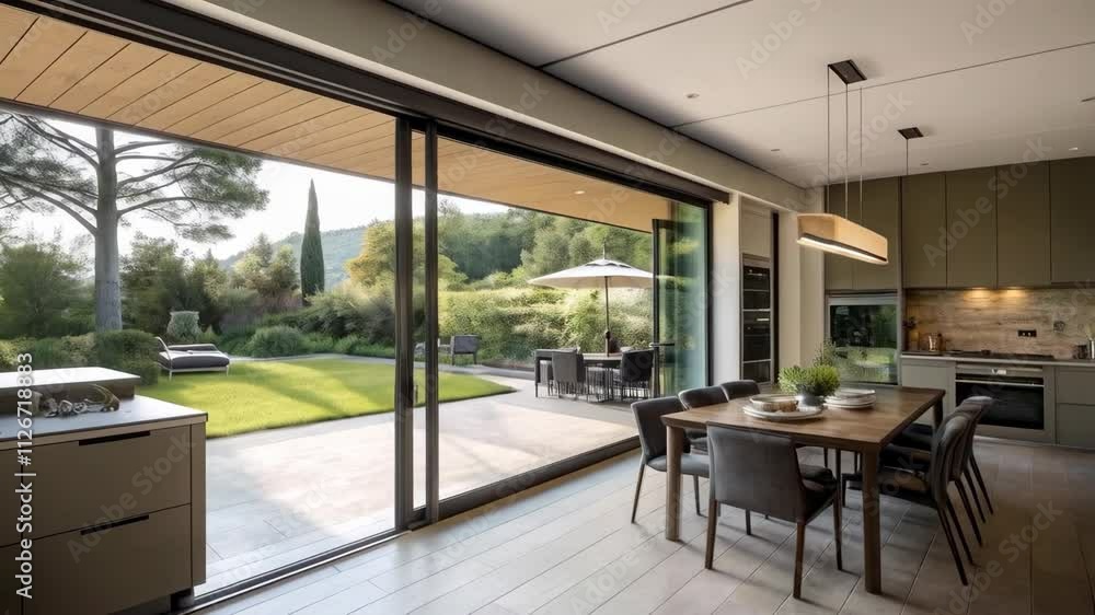 Modern kitchen interior with garden view and stylish dining area Modern kitchen interior with garden view and stylish dining area