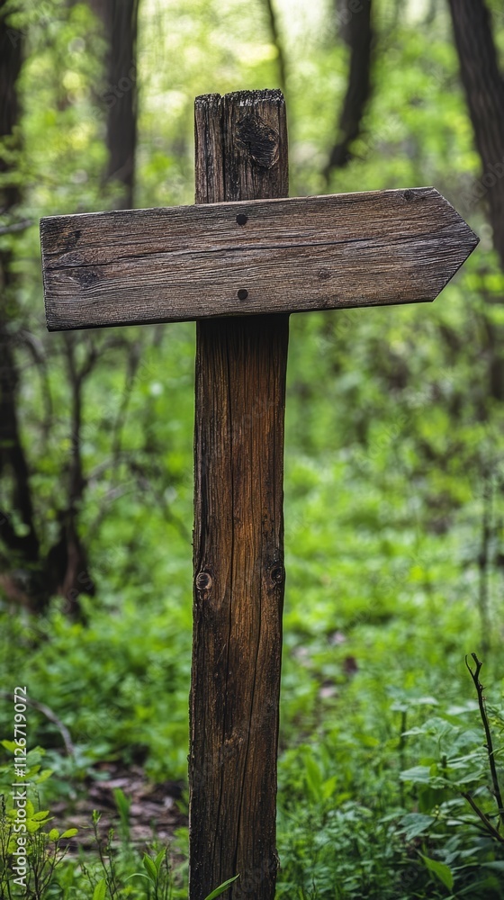 A wooden signpost with a pointed arrow on it. The arrow is pointing to the right. The signpost is located in a forest A wooden signpost with a pointed arrow on it. The arrow is pointing to the right. The signpost is located in a forest