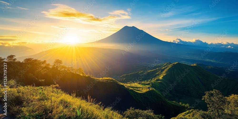 Obraz premium Ungaran Mountain shines beautifully under the sun, showcasing its stunning landscapes. The beauty of Ungaran Mountain is particularly captivating on sunny days, making it a perfect view to enjoy.