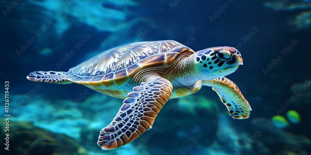 Fototapeta premium A detailed closeup of a stunning aquatic turtle gracefully swimming in clear blue waters, showcasing the beauty and elegance of aquatic turtles in their natural habitat.