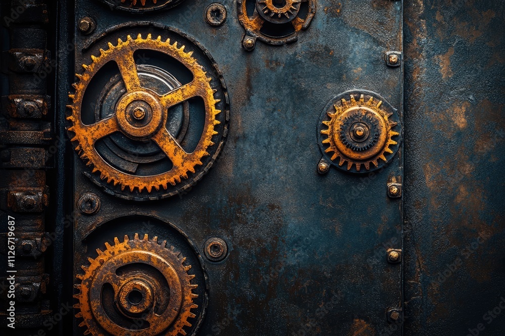 Fototapeta premium Rusty gears and cogs creating a steampunk background