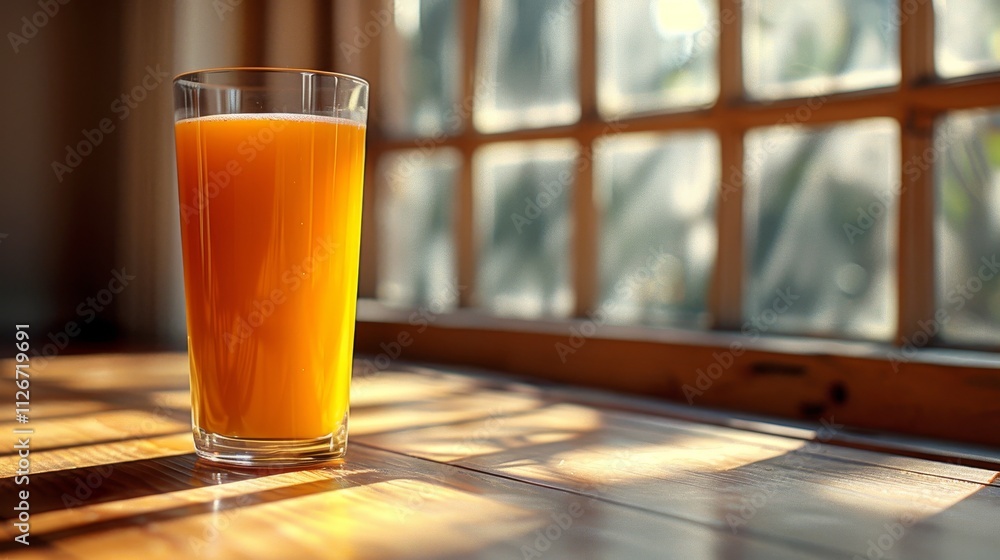 Glass Of Refreshing Orange Juice Bathed In Sunlight On A Wooden Surface Near A Window. Glass Of Refreshing Orange Juice Bathed In Sunlight On A Wooden Surface Near A Window.