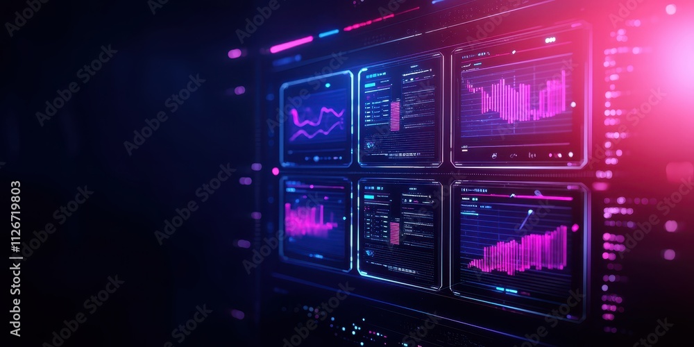 A futuristic data visualization display with colorful graphs and charts, showcasing analytics and metrics on a dark background. A futuristic data visualization display with colorful graphs and charts, showcasing analytics and metrics on a dark background.