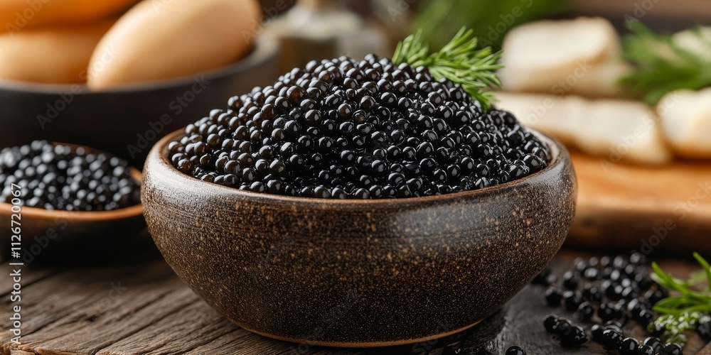 Exquisite black caviar presented on a table, showcasing the delicacy of black sturgeon caviar, perfect for gourmet occasions and culinary experiences featuring luxurious black caviar. Exquisite black caviar presented on a table, showcasing the delicacy of black sturgeon caviar, perfect for gourmet occasions and culinary experiences featuring luxurious black caviar.