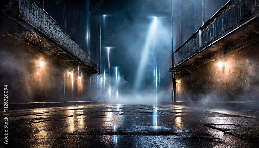 Mysterious Urban Nightscape A Dark Empty Street Scene Featuring Wet Asphalt Reflecting Neon Lights, Searchlight Beams, and Wisps of Smoke in a Captivating Cinematic Atmosphere Mysterious Urban Nightscape A Dark Empty Street Scene Featuring Wet Asphalt Reflecting Neon Lights, Searchlight Beams, and Wisps of Smoke in a Captivating Cinematic Atmosphere
