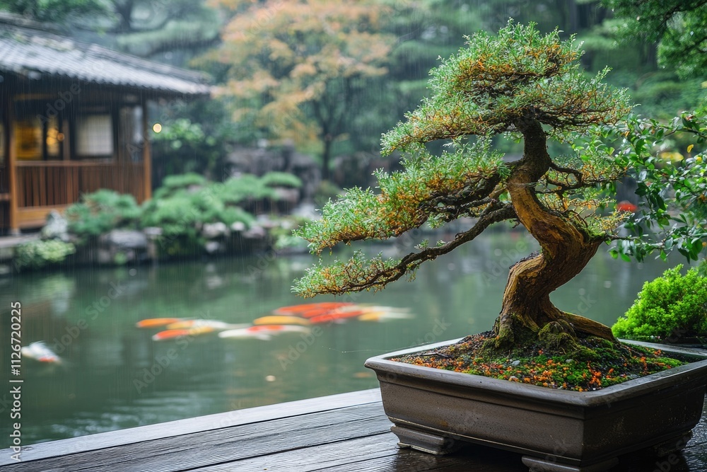 Bonsai tree exhibiting grace and tranquility in a serene japanese garden Bonsai tree exhibiting grace and tranquility in a serene japanese garden