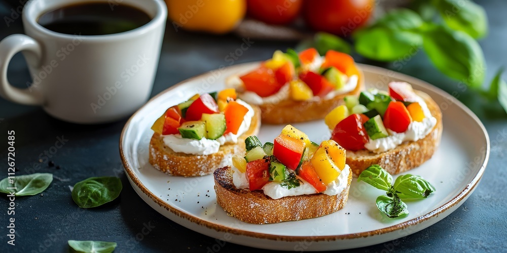 Delightful breakfast featuring tasty bruschetta crostini toasts topped with cream cheese, fresh vegetables, and fruits, complemented by a cup of black coffee for a healthy start to the day. Delightful breakfast featuring tasty bruschetta crostini toasts topped with cream cheese, fresh vegetables, and fruits, complemented by a cup of black coffee for a healthy start to the day.