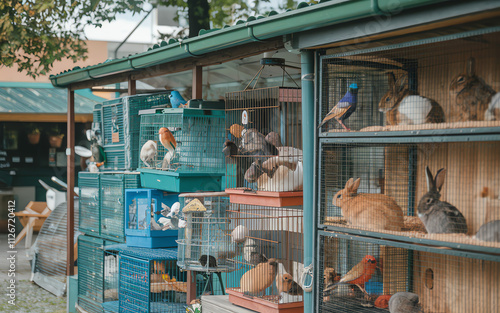 Various animals in vibrant cages at an outdoor pet adoption event in a sunny park photo