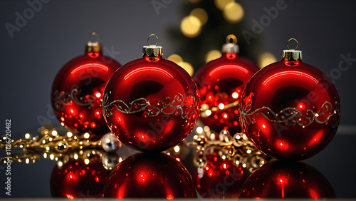 red christmas balls on a table with reflections photo