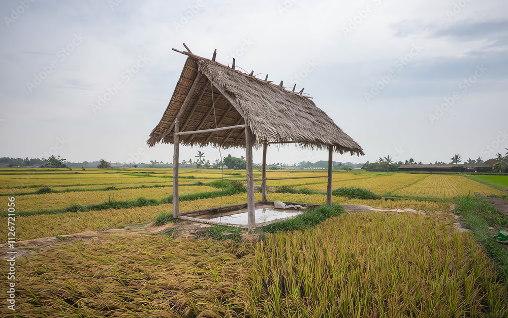 Rustic hut stands amidst lush rice fields in a peaceful rural landscape Rustic hut stands amidst lush rice fields in a peaceful rural landscape