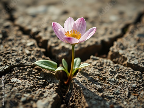 there is a small pink flower growing out of the crack in the ground. photo