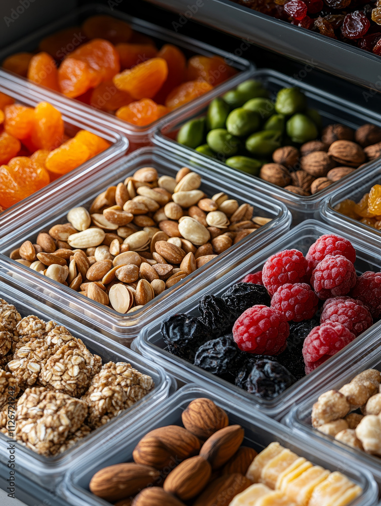 Assortment of nuts and dried fruits in containers Assortment of nuts and dried fruits in containers
