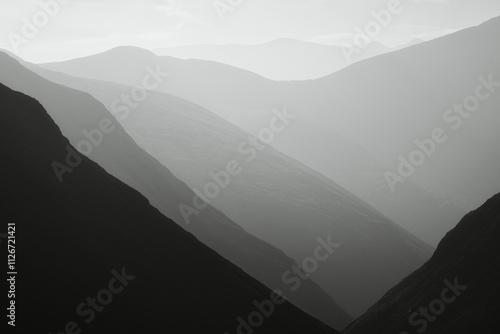 High mountains slopes in black and white. Scottish Highlands