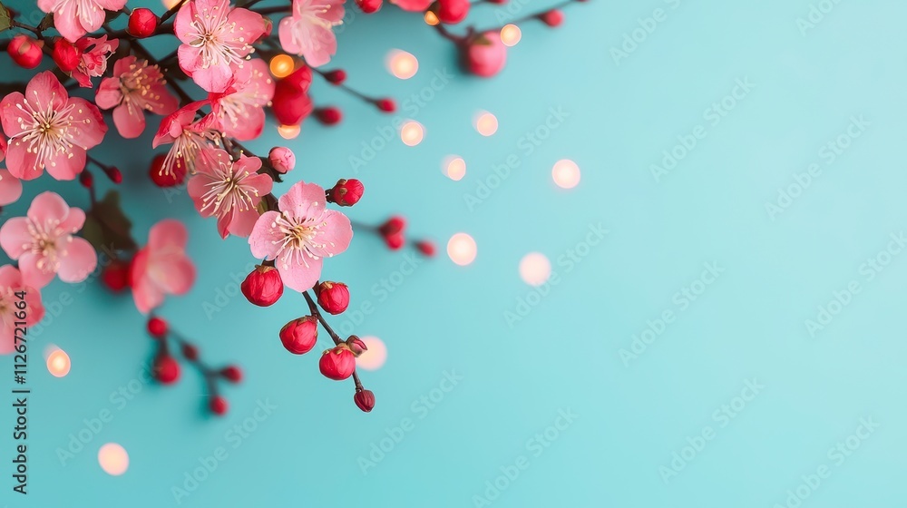 Delicate Pink Blossoms and Festive Lights on Teal Delicate Pink Blossoms and Festive Lights on Teal