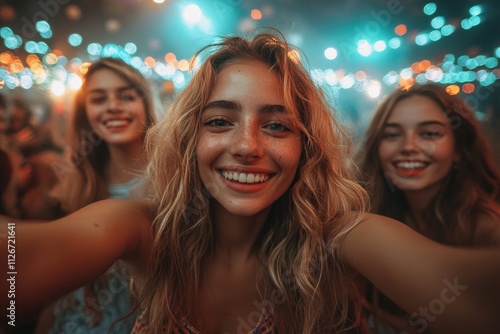 Young women taking selfie at music festival photo