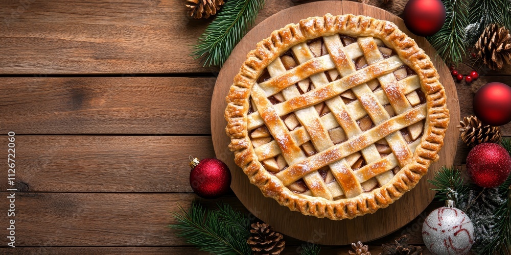 Delicious Christmas apple pie displayed on a rustic wooden background, showcasing the festive allure of a classic Christmas apple pie perfect for holiday gatherings and celebrations. Delicious Christmas apple pie displayed on a rustic wooden background, showcasing the festive allure of a classic Christmas apple pie perfect for holiday gatherings and celebrations.