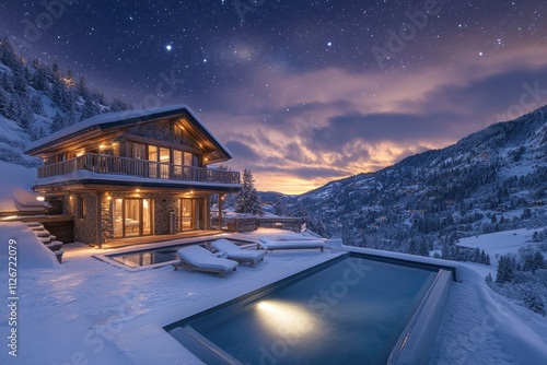 Luxury chalet with infinity pool overlooking snowy mountain valley at night photo