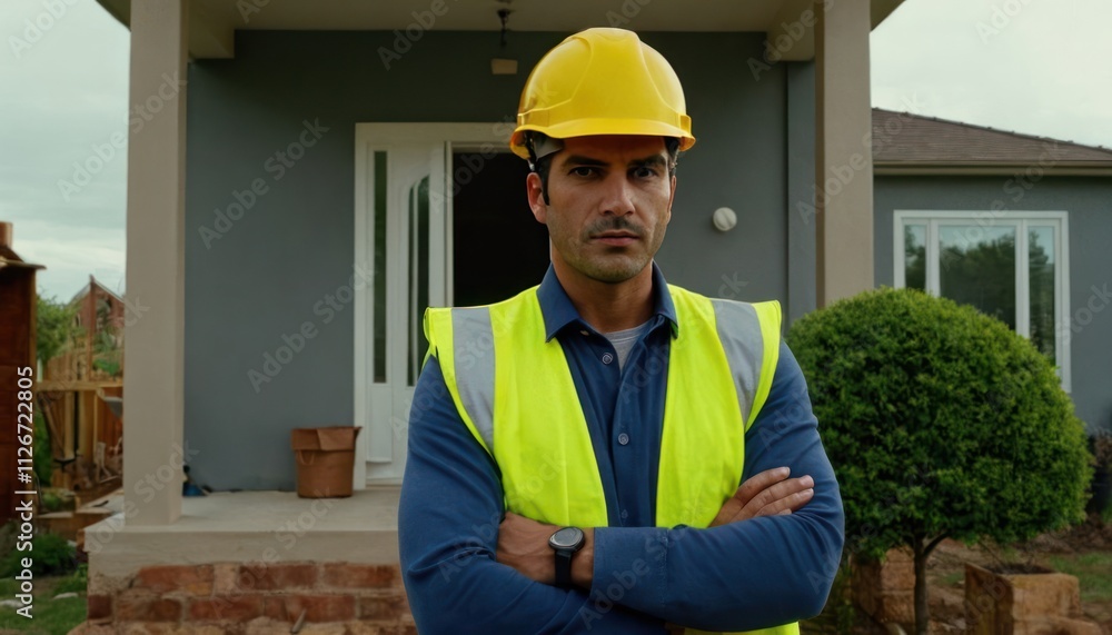 Man in yellow helmet standing in front of the house. He's wearing uniform and he's construction worker Man in yellow helmet standing in front of the house. He's wearing uniform and he's construction worker