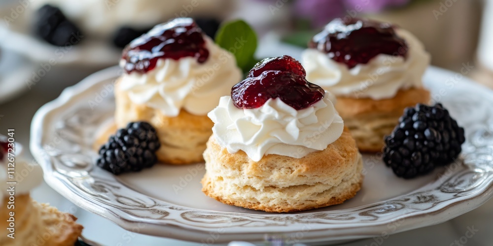 Delicious classical scones topped with jam and whipped cream, perfect for a delightful tea experience. These classical scones elevate any gathering with their rich flavors and textures. Delicious classical scones topped with jam and whipped cream, perfect for a delightful tea experience. These classical scones elevate any gathering with their rich flavors and textures.