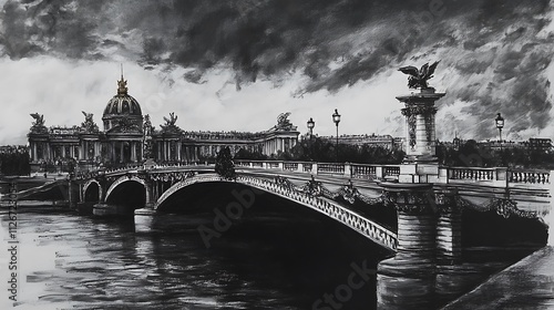 Parisian Bridge Under a Stormy Sky: Dramatic Charcoal Drawing. AI Generated photo