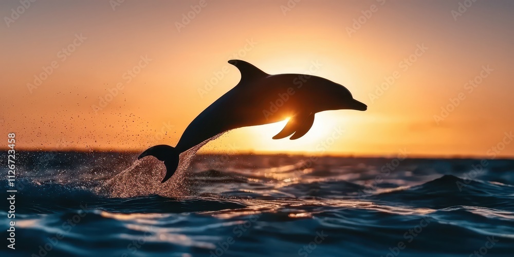 Fototapeta premium A dolphin leaps gracefully from the water against a vibrant sunset, creating a stunning silhouette in the tranquil ocean.