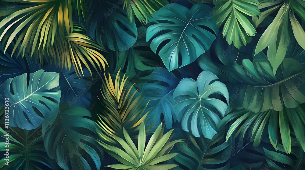 Lush Tropical Foliage: A Digital Painting of Vibrant Green Leaves. AI Generated Lush Tropical Foliage: A Digital Painting of Vibrant Green Leaves. AI Generated