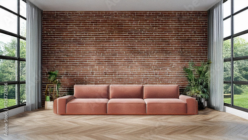 Modern industrial living room interior, brick color long sofa, wall mockup, backyard view through windows