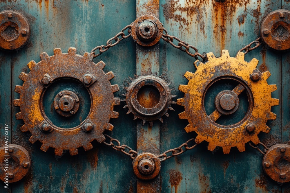 Rusty gears and chains creating a steampunk composition on metal background Rusty gears and chains creating a steampunk composition on metal background