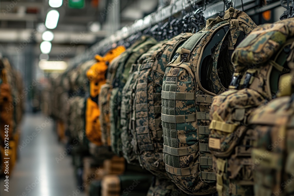 Military backpacks and bulletproof vests hanging in army store warehouse Military backpacks and bulletproof vests hanging in army store warehouse