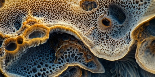 Microscopic image showcasing a fungus, revealing intricate details and textures of the fungus through photo editing techniques for enhanced visual impact. Explore the beauty of fungus up close.