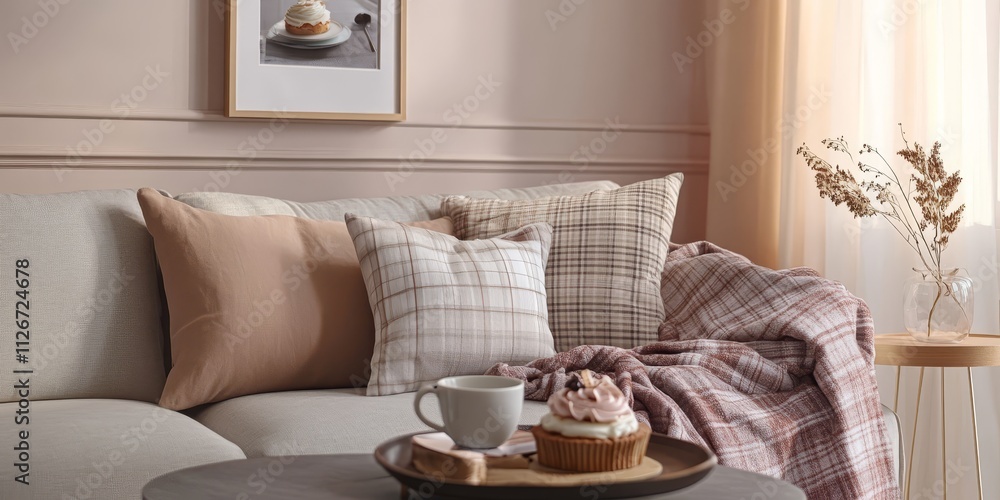 Fototapeta premium Cozy home corner featuring a modern sofa adorned with pillows, a plaid blanket, a cup of coffee, and a cake on a tray, complemented by a picture frame. The living room interior boasts pastel colors