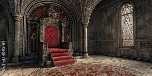 Medieval throne set in an ornate castle, exemplifying the grandeur of a royal throne, with intricate details and historical significance tied to royal culture and heritage within a medieval setting. photo